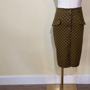 ICHI Women’s Olive Green & cream Diamond Print Button-Front Pencil Skirt L